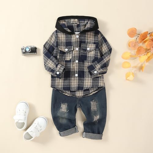 ODIMAME 24 Month Boy Clothes Toddler Boy Fall Outfits Winter Long Sleeve Plaid Hooded Sweatshirt Pocket Ripped Holes Jeans Clothing Set Khaki 1824 Months - Image 3