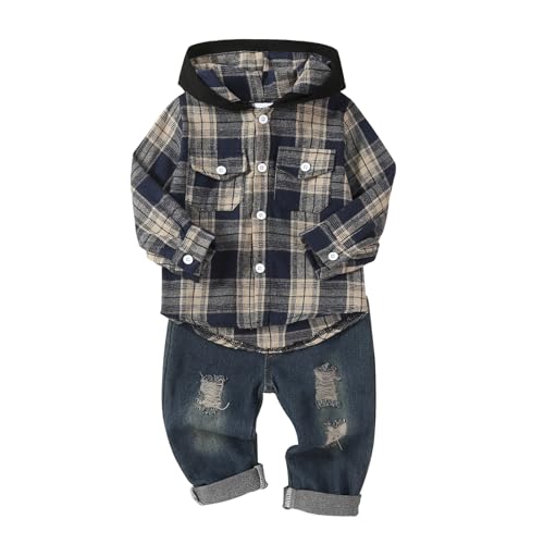 ODIMAME 24 Month Boy Clothes Toddler Boy Fall Outfits Winter Long Sleeve Plaid Hooded Sweatshirt Pocket Ripped Holes Jeans Clothing Set Khaki 1824 Months - Image 1