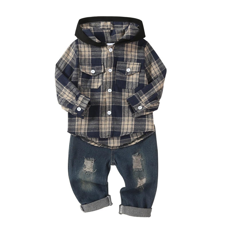 ODIMAME 24 Month Boy Clothes Toddler Boy Fall Outfits Winter Long Sleeve Plaid Hooded Sweatshirt Pocket Ripped Holes Jeans Clothing Set Khaki 1824 Months - Image 2
