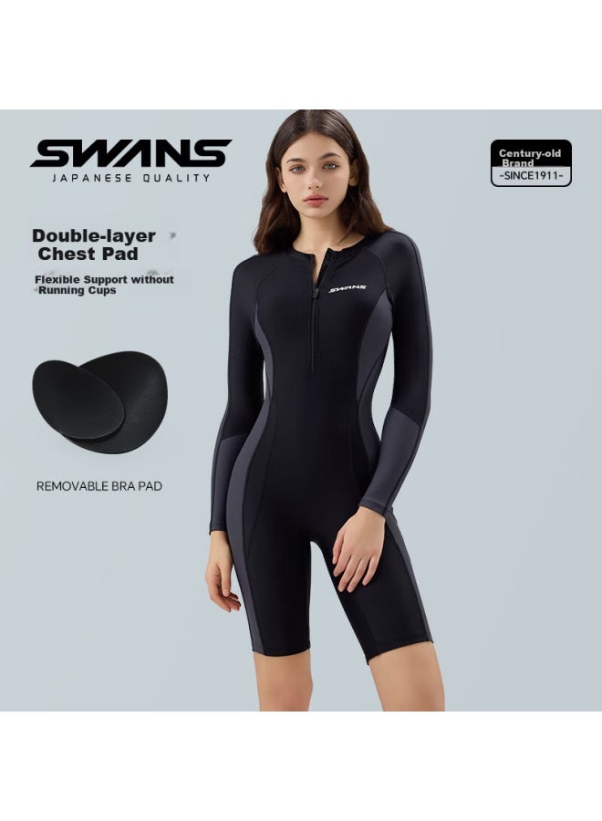 Speed Vision Swans Women's Modest One Piece Swimsuit With Tummy Control And Long Sleeves For Hot Springs Swimming, Sun Protection And Quick Dry, Black Grey, Size L - Image 4