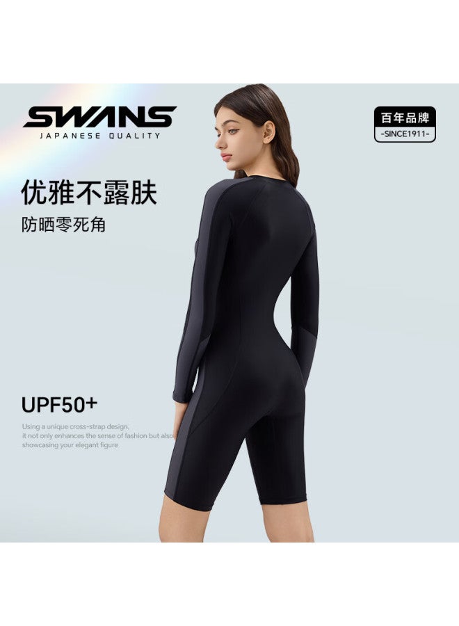 Speed Vision Swans Women's Modest One Piece Swimsuit With Tummy Control And Long Sleeves For Hot Springs Swimming, Sun Protection And Quick Dry, Black Grey, Size L - Image 1