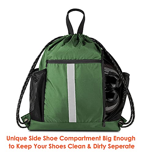 BeeGreen Green Drawstring Bag Gym Cinch Backpack w Shoe Compartment and Two Side Pockets Machine Washable Sports Sinch Sack String Sackpack for Swim Equipment Beach Travel - Image 2