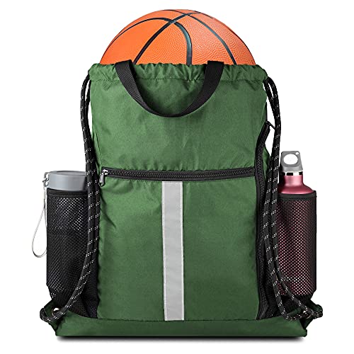 BeeGreen Green Drawstring Bag Gym Cinch Backpack w Shoe Compartment and Two Side Pockets Machine Washable Sports Sinch Sack String Sackpack for Swim Equipment Beach Travel - Image 1
