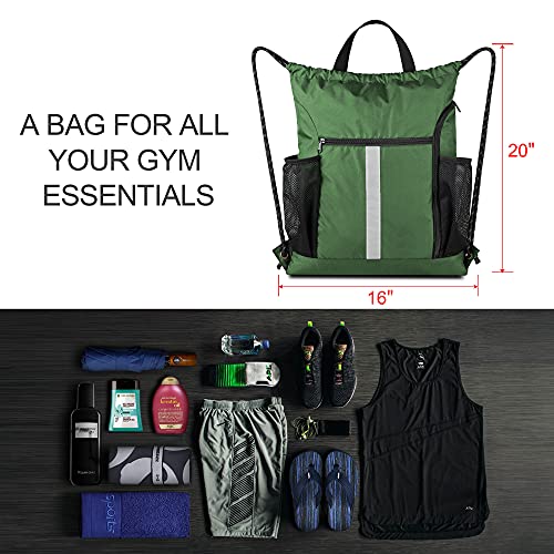 BeeGreen Green Drawstring Bag Gym Cinch Backpack w Shoe Compartment and Two Side Pockets Machine Washable Sports Sinch Sack String Sackpack for Swim Equipment Beach Travel - Image 3