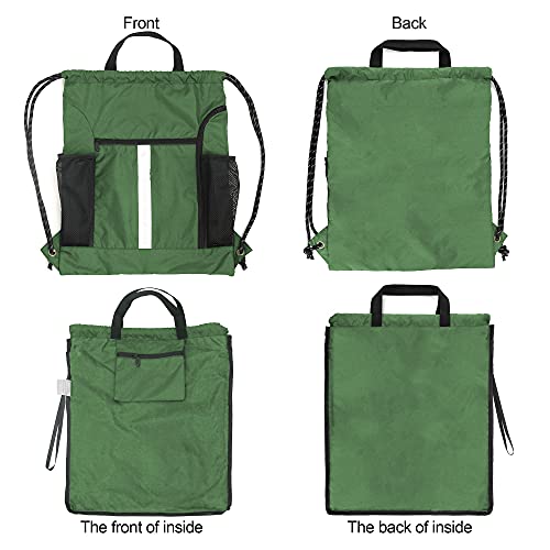 BeeGreen Green Drawstring Bag Gym Cinch Backpack w Shoe Compartment and Two Side Pockets Machine Washable Sports Sinch Sack String Sackpack for Swim Equipment Beach Travel - Image 4
