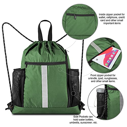 BeeGreen Green Drawstring Bag Gym Cinch Backpack w Shoe Compartment and Two Side Pockets Machine Washable Sports Sinch Sack String Sackpack for Swim Equipment Beach Travel - Image 5