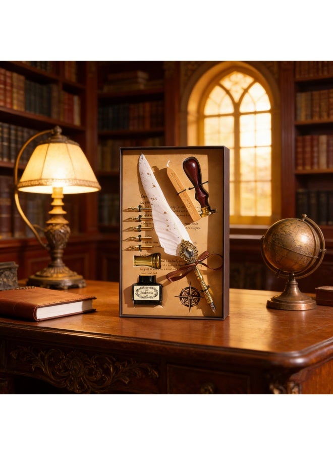 Halamodo 10Pcs Vintage Calligraphy Set with Pen Nibs, Quill Feather Pen and Ink Set, Calligraphy Kit with Dip Pen Nibs and Wax Seal Stamp Kit, Ornate Holders, White Starry Sky Gem Feather Pen Set, Gift Box, Teacher'S Day Gift - Image 5