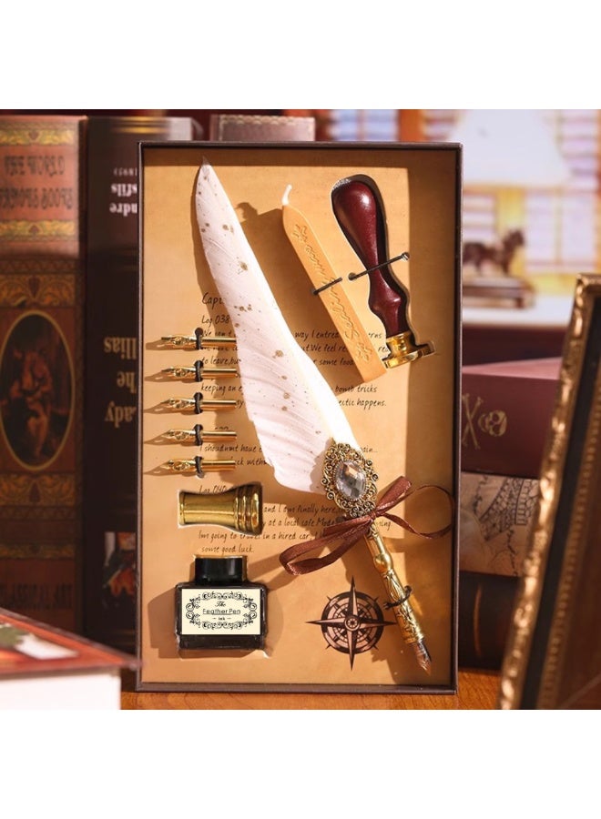 Halamodo 10Pcs Vintage Calligraphy Set with Pen Nibs, Quill Feather Pen and Ink Set, Calligraphy Kit with Dip Pen Nibs and Wax Seal Stamp Kit, Ornate Holders, White Starry Sky Gem Feather Pen Set, Gift Box, Teacher'S Day Gift - Image 1