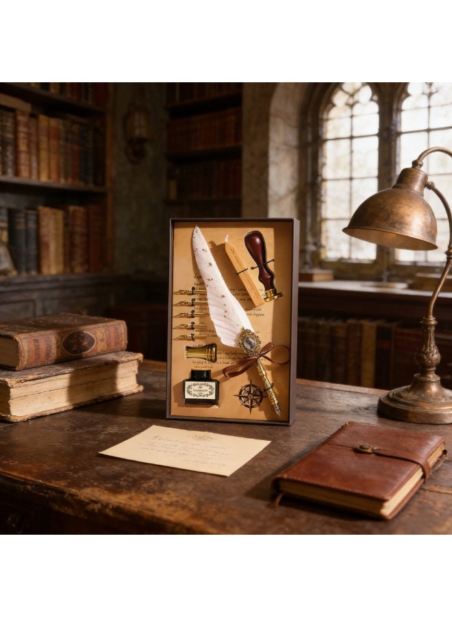 Halamodo 10Pcs Vintage Calligraphy Set with Pen Nibs, Quill Feather Pen and Ink Set, Calligraphy Kit with Dip Pen Nibs and Wax Seal Stamp Kit, Ornate Holders, White Starry Sky Gem Feather Pen Set, Gift Box, Teacher'S Day Gift - Image 2