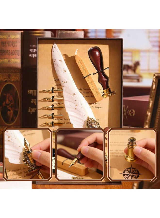 Halamodo 10Pcs Vintage Calligraphy Set with Pen Nibs, Quill Feather Pen and Ink Set, Calligraphy Kit with Dip Pen Nibs and Wax Seal Stamp Kit, Ornate Holders, White Starry Sky Gem Feather Pen Set, Gift Box, Teacher'S Day Gift - Image 4