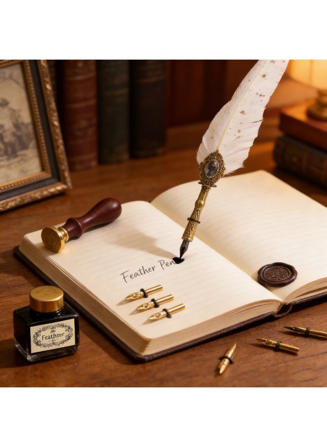 Halamodo 10Pcs Vintage Calligraphy Set with Pen Nibs, Quill Feather Pen and Ink Set, Calligraphy Kit with Dip Pen Nibs and Wax Seal Stamp Kit, Ornate Holders, White Starry Sky Gem Feather Pen Set, Gift Box, Teacher'S Day Gift - Image 3