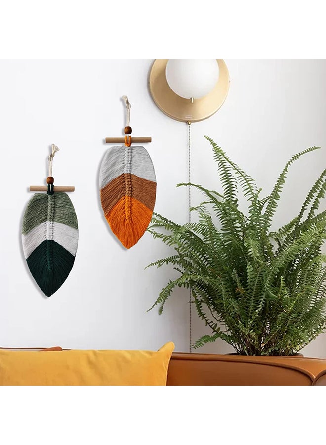 انتيكيانو زينة مكرمية معلقة على الحائط للديكور بتصميم اوراق وريش مع خرز خشب 2 قطعة - Image 2