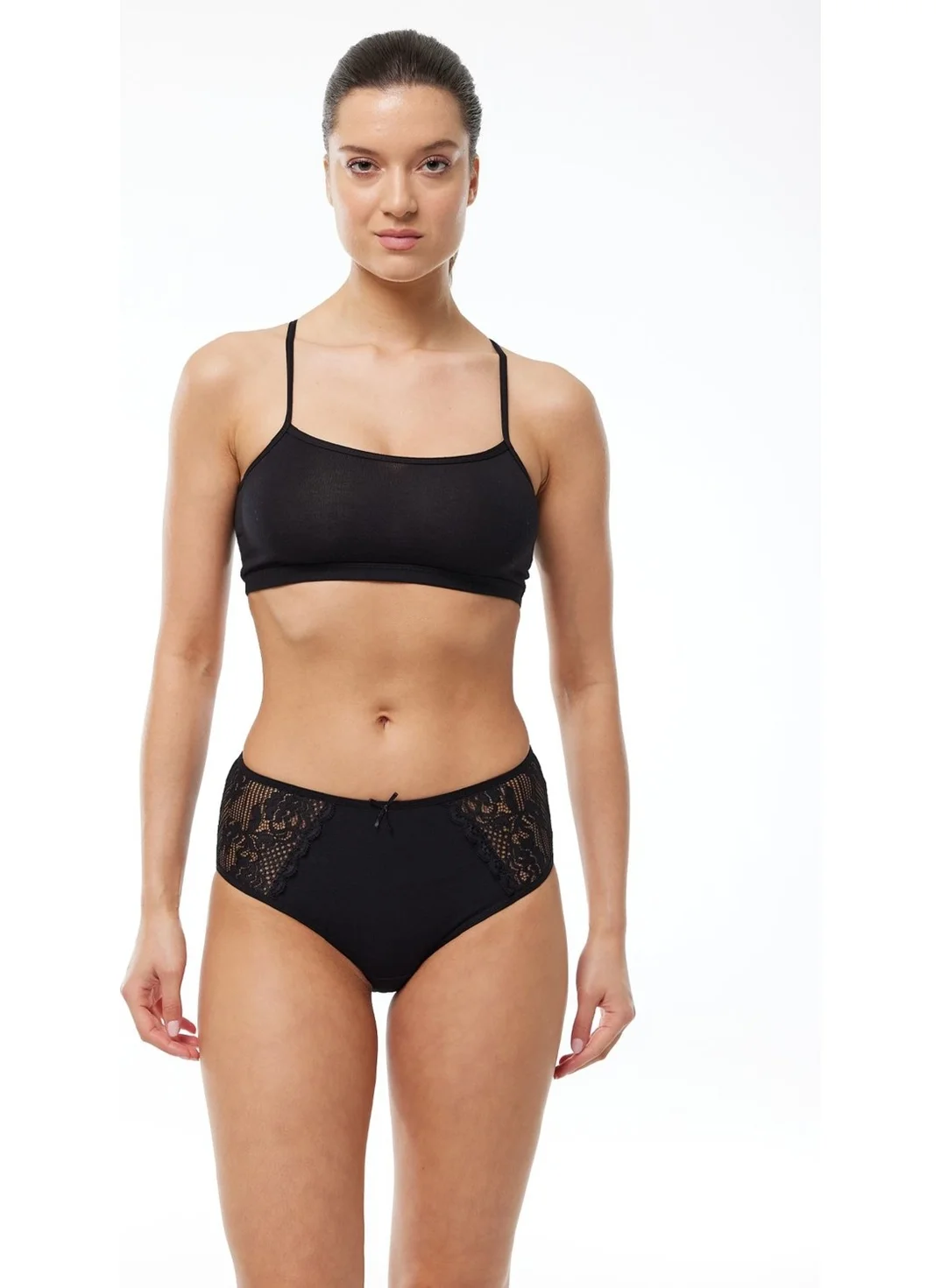 Malabadi Women Black 3 Pack Cotton Elastane Lace High Waist Slip Panties 150 3M150