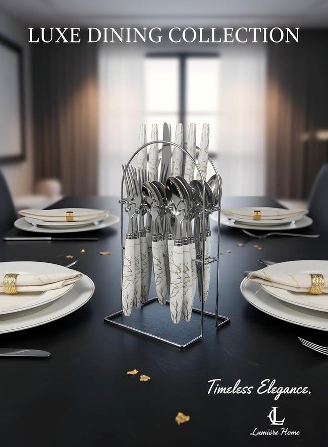 Teraabliss Stainless Steel Spoons, Forks & Knives Set of 24 with Stand and Ceramic Handle Golden Cutlery Set (White-Silver) - Image 5