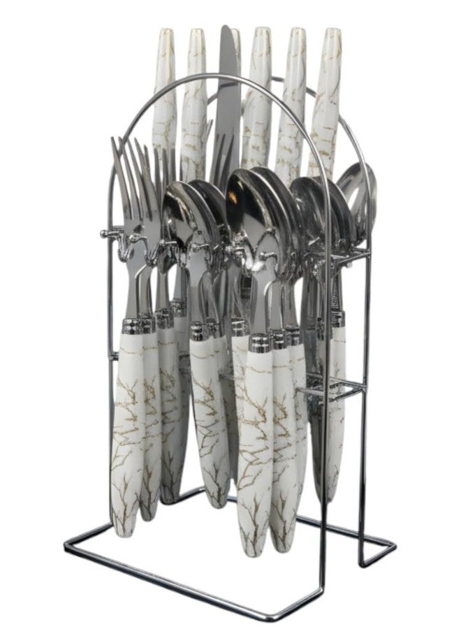 Teraabliss Stainless Steel Spoons, Forks & Knives Set of 24 with Stand and Ceramic Handle Golden Cutlery Set (White-Silver) - Image 1