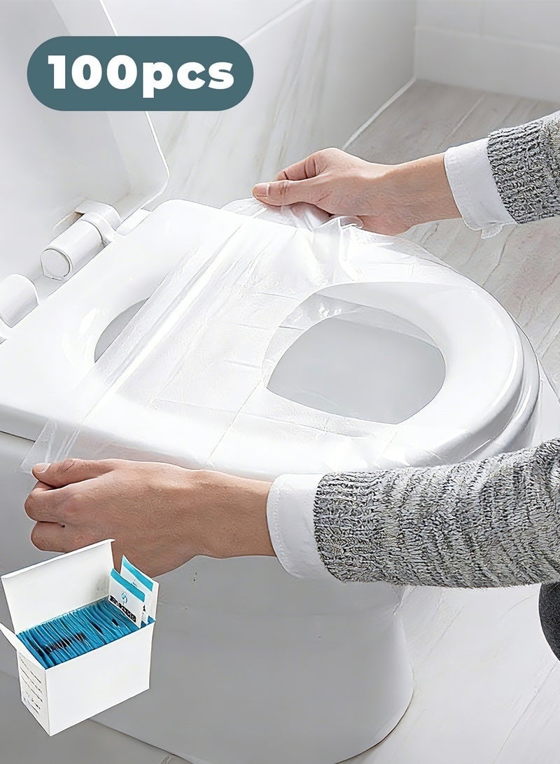 أغطية مقاعد المرحاض للاستعمال مرة واحدة – 100 قطعة غطاء مرحاض محمول مقاوم للماء، كل قطعة مغلفة فرديًا في كيس أنيق لسهولة الحمل، تصميم مانع للانزلاق يناسب معظم المراحيض، مثالي للسفر والفنادق والمستشفيات والحمامات العامة والاستخدام اليومي - Image 1
