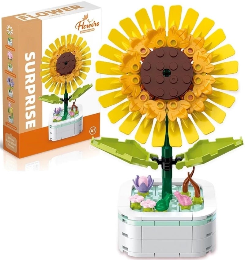 Flower Bouquet Building Block Toys Set with Base Artificial Plant Flowers 142PCS Mini Blocks Toy Kit for Home Office Decoration Desktop Birthday Gift for Women Adults Kids Sunflower - Image 1