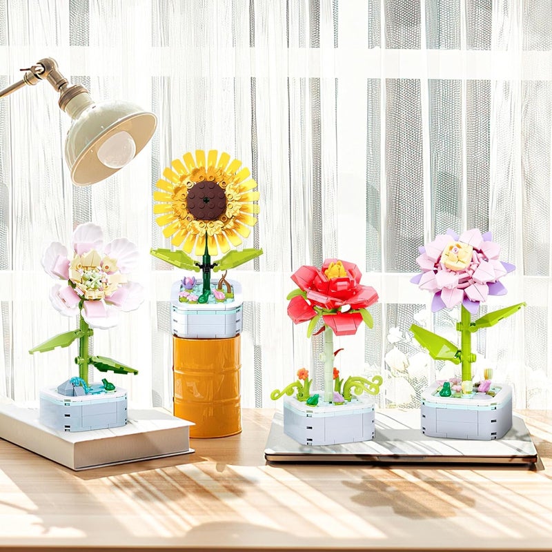 Flower Bouquet Building Block Toys Set with Base Artificial Plant Flowers 142PCS Mini Blocks Toy Kit for Home Office Decoration Desktop Birthday Gift for Women Adults Kids Sunflower - Image 4