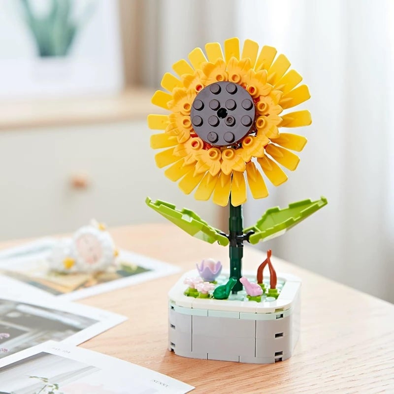 Flower Bouquet Building Block Toys Set with Base Artificial Plant Flowers 142PCS Mini Blocks Toy Kit for Home Office Decoration Desktop Birthday Gift for Women Adults Kids Sunflower - Image 2