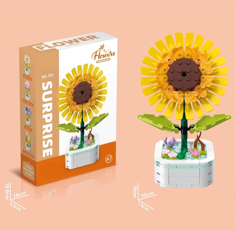 Flower Bouquet Building Block Toys Set with Base Artificial Plant Flowers 142PCS Mini Blocks Toy Kit for Home Office Decoration Desktop Birthday Gift for Women Adults Kids Sunflower - Image 5