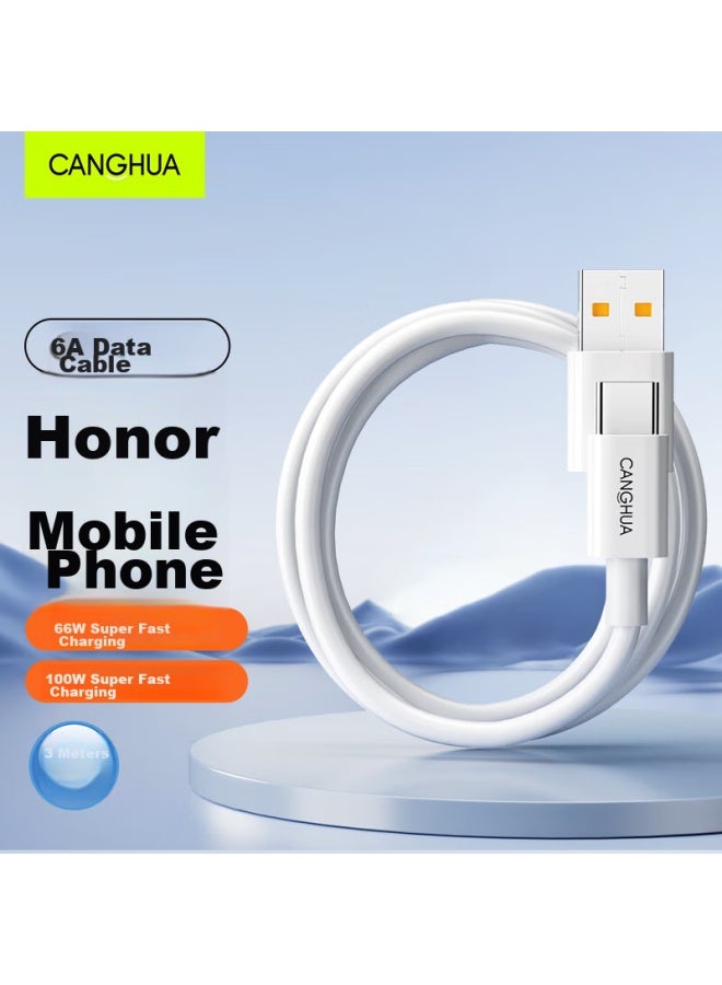 CangHua كابل بيانات متوافق مع Honor 6a، 3 أمتار، كابل شحن Type-c، شحن سريع 100w/66w، لجهاز Honor Magic6/vs3/200/x50/40/play8t/7، كابل شحن للهاتف المحمول والسيارة - Image 1