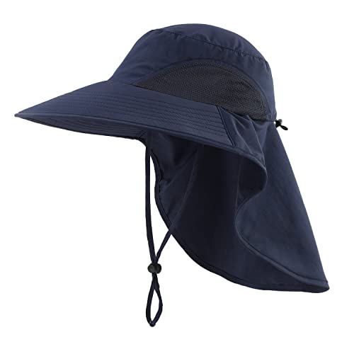Home Prefer UPF50+ Mens Sun Hat Wide Brim Mesh Fishing Hat with Neck Flap UV Protection Hat for Gardening Golf Navy Blue - Image 1