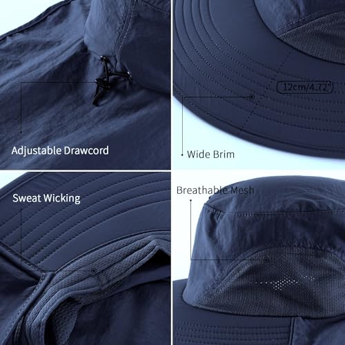 Home Prefer UPF50+ Mens Sun Hat Wide Brim Mesh Fishing Hat with Neck Flap UV Protection Hat for Gardening Golf Navy Blue - Image 4