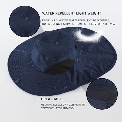 Home Prefer UPF50+ Mens Sun Hat Wide Brim Mesh Fishing Hat with Neck Flap UV Protection Hat for Gardening Golf Navy Blue - Image 3