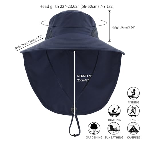 Home Prefer UPF50+ Mens Sun Hat Wide Brim Mesh Fishing Hat with Neck Flap UV Protection Hat for Gardening Golf Navy Blue - Image 2