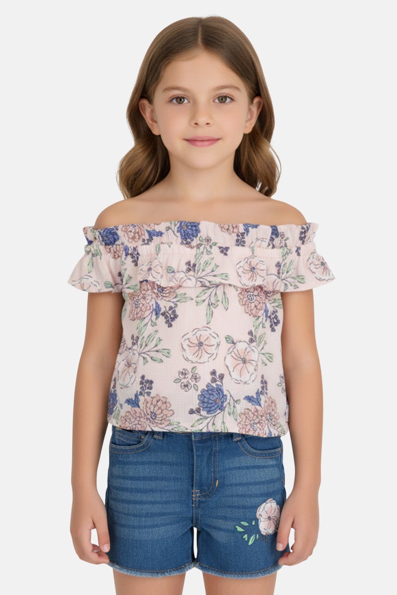 Limited Too Kids Girl 2 Pieces Floral Print Top And Denim Shorts, Multicolor - Image 1