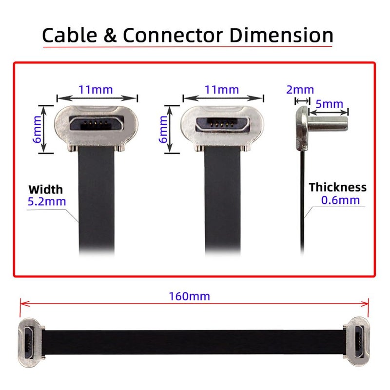 xiwai 90 Degree Micro USB2.0 Male to Micro USB Male 5Pin Ultra Slim Flat Data Charging Cable 16cm Down to Up Angle Connector - Image 2
