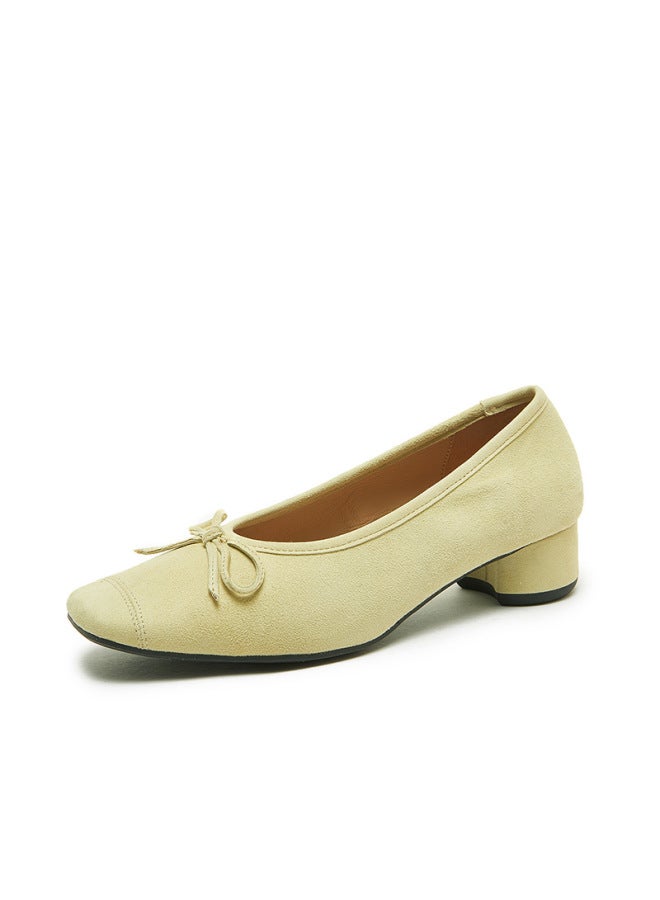Platinum Disi Spring And Summer New Chunky Heel Shallow Mouth Women's Shoes Bow Cashmere Surface Fashion Fairy Green Ballet Shoes
