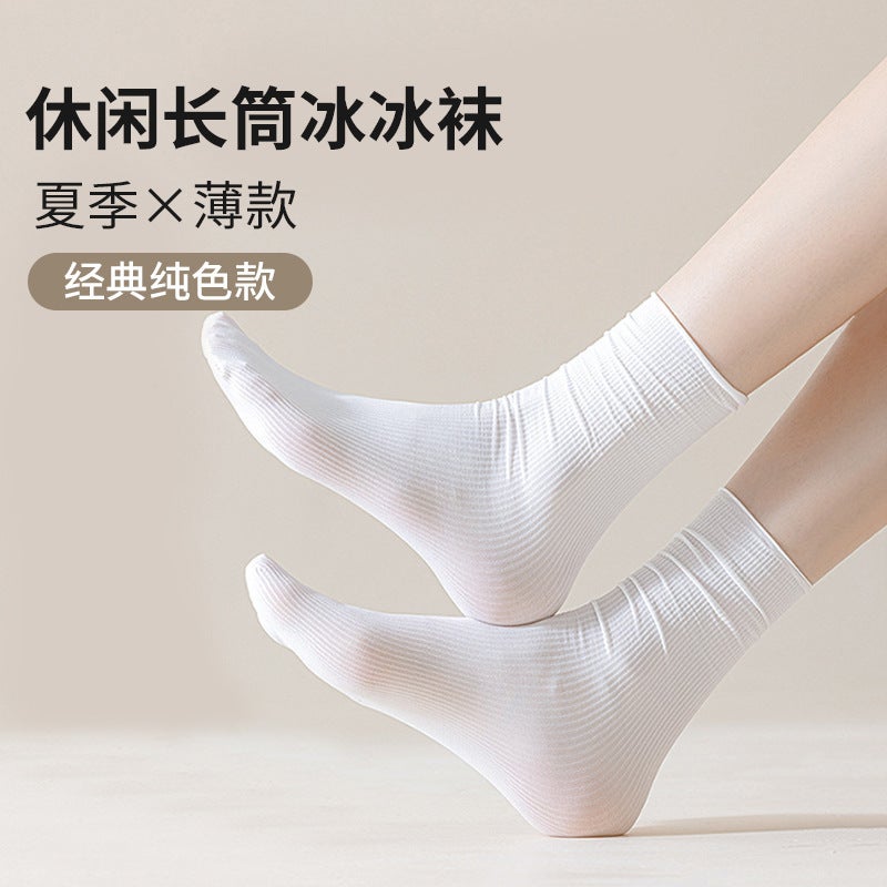 Socks Women's Stacked Socks Summer Ice Socks Thin Loose Japanese Velvet Ice Silk Summer Solid Color Long Mid-length Socks - Image 2