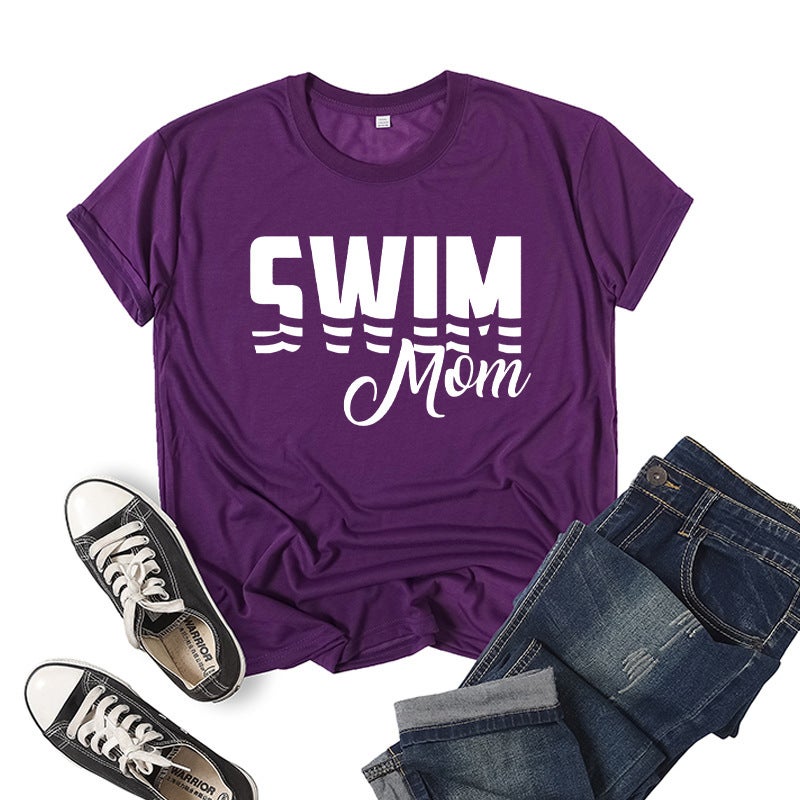 Foreign Trade Cross-border Swimming Mom Swim Mom Printed Short-sleeved Round Neck T-shirt European and American Mens and Womens Top Loose Casual Purple 