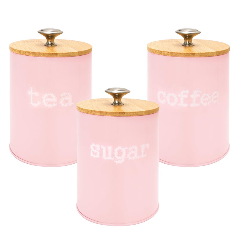 3PCS Pink Kitchen Canister Set 61 x 37 Matte Condiment Pot Metal Tin Jar Container with Bamboo Airtight Lid to Store Dry Food Spices Coffee Tea Sugar Storage Accessories for Bar Counter Farm House