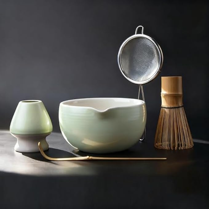 Joiish Matcha Whisk Set Kit 5Pc Ceramic Matcha Bowl With Spout  Holder Bamboo Whisk Sifter Scoop Traditional Japanese Matcha Tea Making Tools Complete Gift Set - Image 1