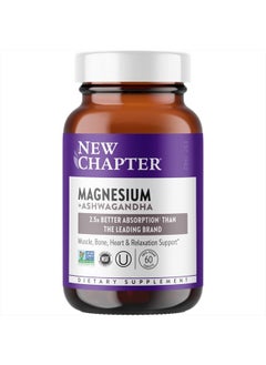 New Chapter Magnesium + Ashwagandha Supplement, 325 mg with Magnesium Glycinate, 2.5x Absorption, Muscle Recovery, Heart & Bone Health, Calm & Relaxation, Gluten Free, Non-GMO - 60 ct (2 Month Supply)  - Image 1