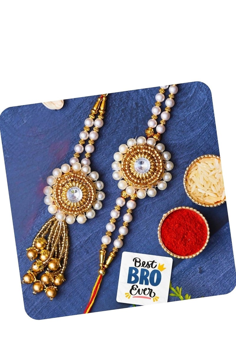 Craft eCraftIndia Golden and White Beads, Pearl, Diamond Designer Bhaiya Bhabhi Rakhis with Roli Chawal Pack and Happy Rakhi Wooden Cutout - Rakhi for Brother and Bhabhi - Image 1