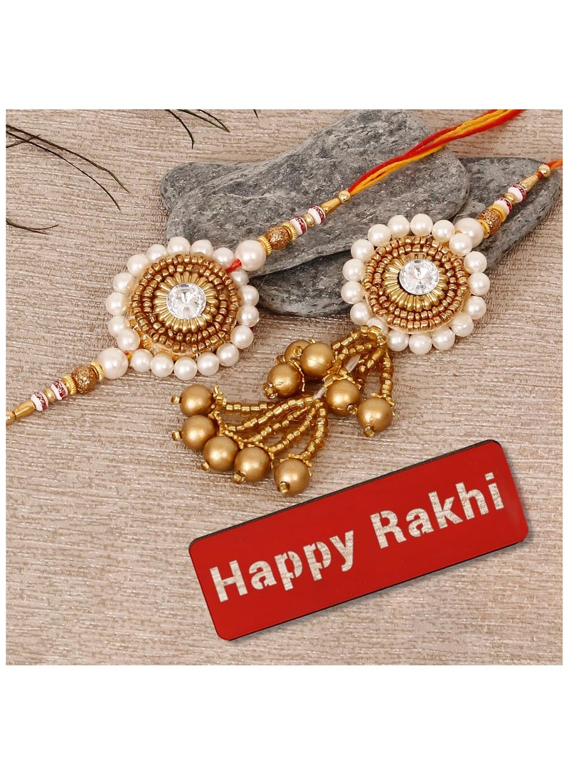 Craft eCraftIndia Golden and White Beads, Pearl, Diamond Designer Bhaiya Bhabhi Rakhis with Roli Chawal Pack and Happy Rakhi Wooden Cutout - Rakhi for Brother and Bhabhi - Image 2