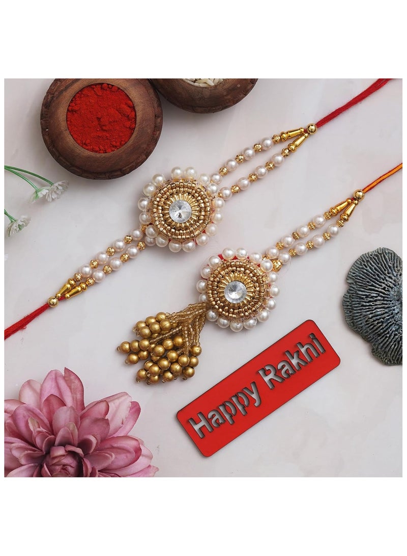 Craft eCraftIndia Golden and White Beads, Pearl, Diamond Designer Bhaiya Bhabhi Rakhis with Roli Chawal Pack and Happy Rakhi Wooden Cutout - Rakhi for Brother and Bhabhi - Image 3