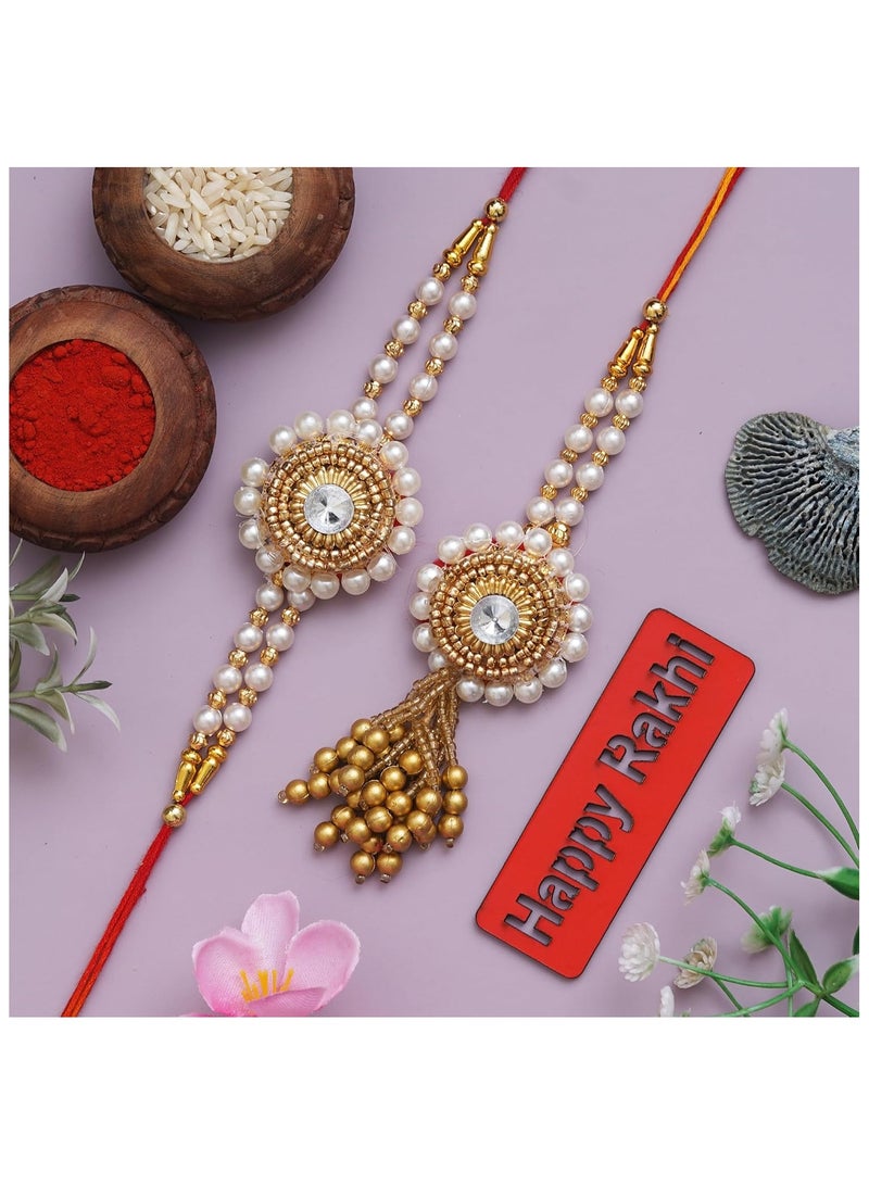 Craft eCraftIndia Golden and White Beads, Pearl, Diamond Designer Bhaiya Bhabhi Rakhis with Roli Chawal Pack and Happy Rakhi Wooden Cutout - Rakhi for Brother and Bhabhi - Image 4