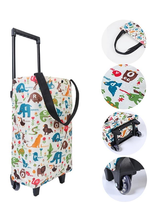 Folding Portable Bag with Wheels, Shopping Cart with Telescoping Handle, Waterproof Rolling Shopping Bag, Suitable for Office, Kitchen, Shopping (Cartoon) - Image 1
