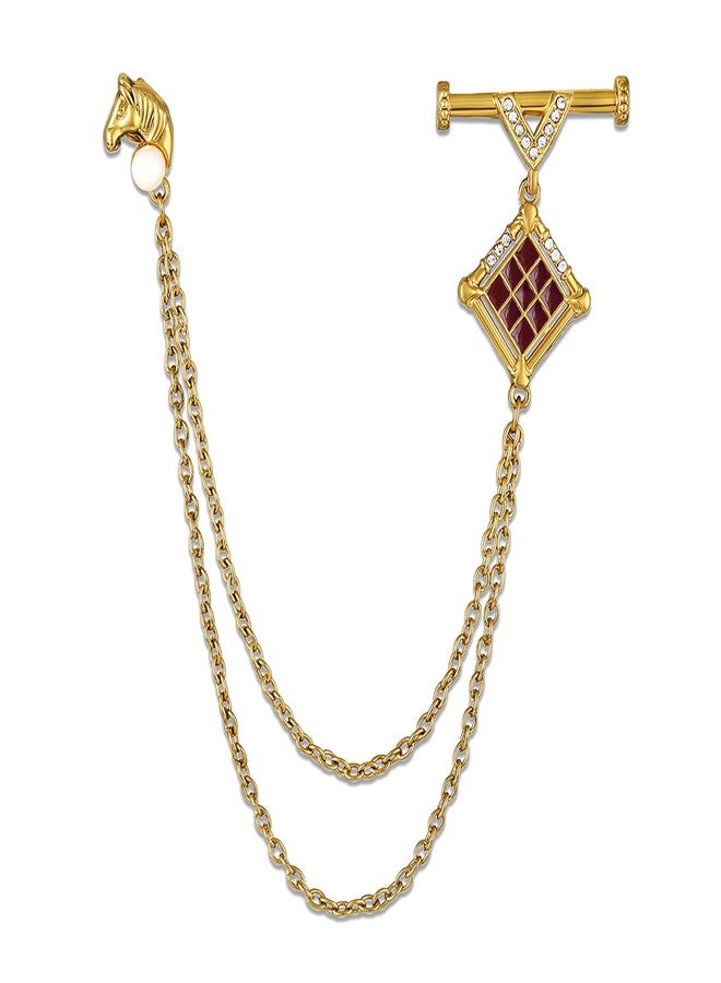 Mahi Gold-Tone Horse-Head-Shaped Dual Layer Chain/Kurta Sherwani Wedding Brooch for Men with Maroon Enamel & Crystal Accent (BP1101253GMar) - Image 1