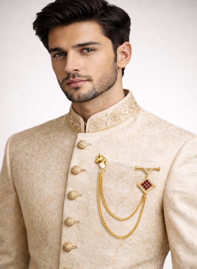 Mahi Gold-Tone Horse-Head-Shaped Dual Layer Chain/Kurta Sherwani Wedding Brooch for Men with Maroon Enamel & Crystal Accent (BP1101253GMar) - Image 3