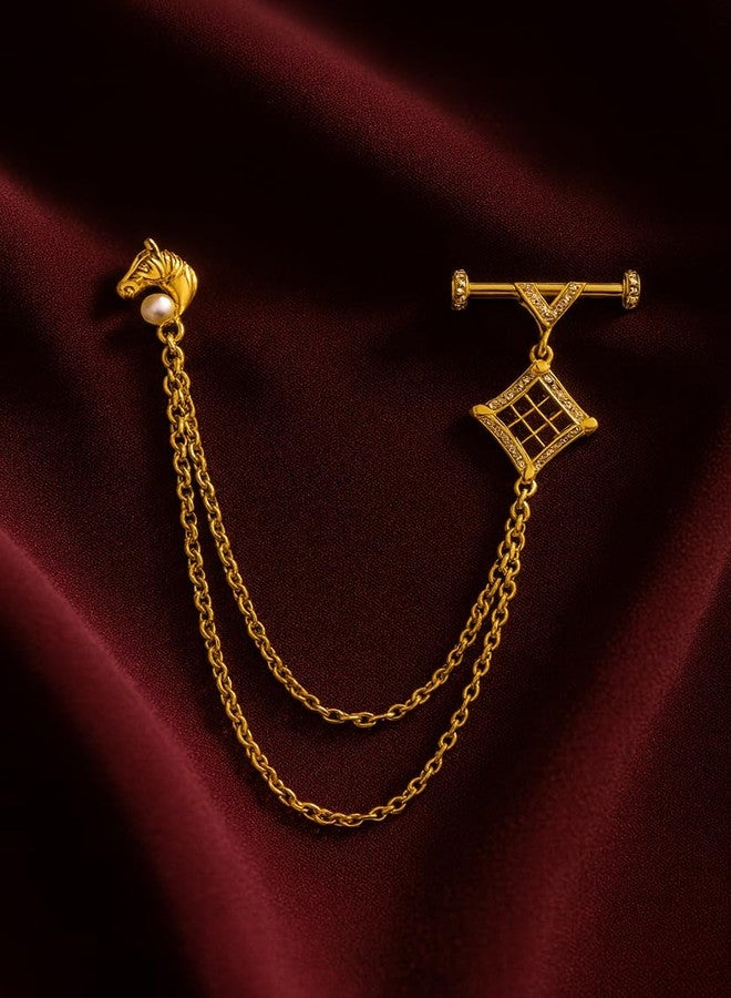 Mahi Gold-Tone Horse-Head-Shaped Dual Layer Chain/Kurta Sherwani Wedding Brooch for Men with Maroon Enamel & Crystal Accent (BP1101253GMar) - Image 2