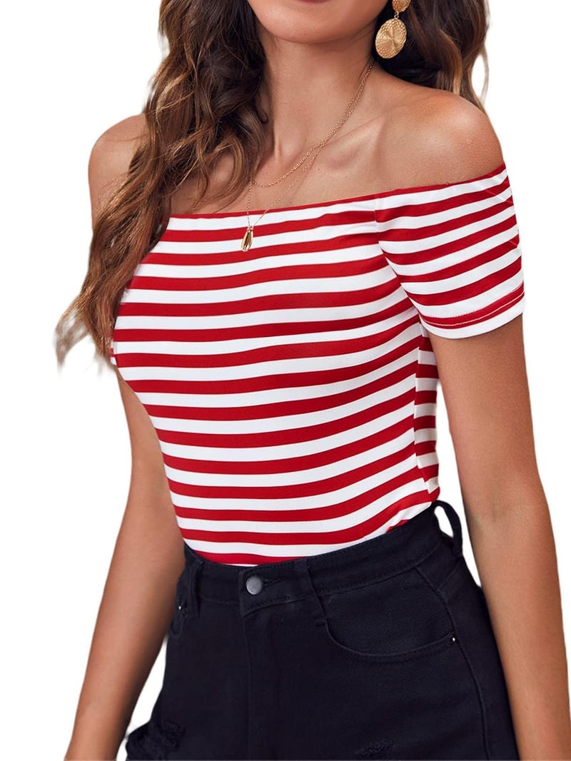 LilyCoco Off The Shoulder Tops for Women Striped Short Sleeve Sexy Going Out Top Red Large - Image 3