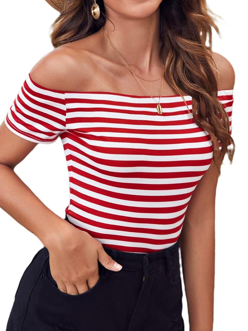 LilyCoco Off The Shoulder Tops for Women Striped Short Sleeve Sexy Going Out Top Red Large - Image 1