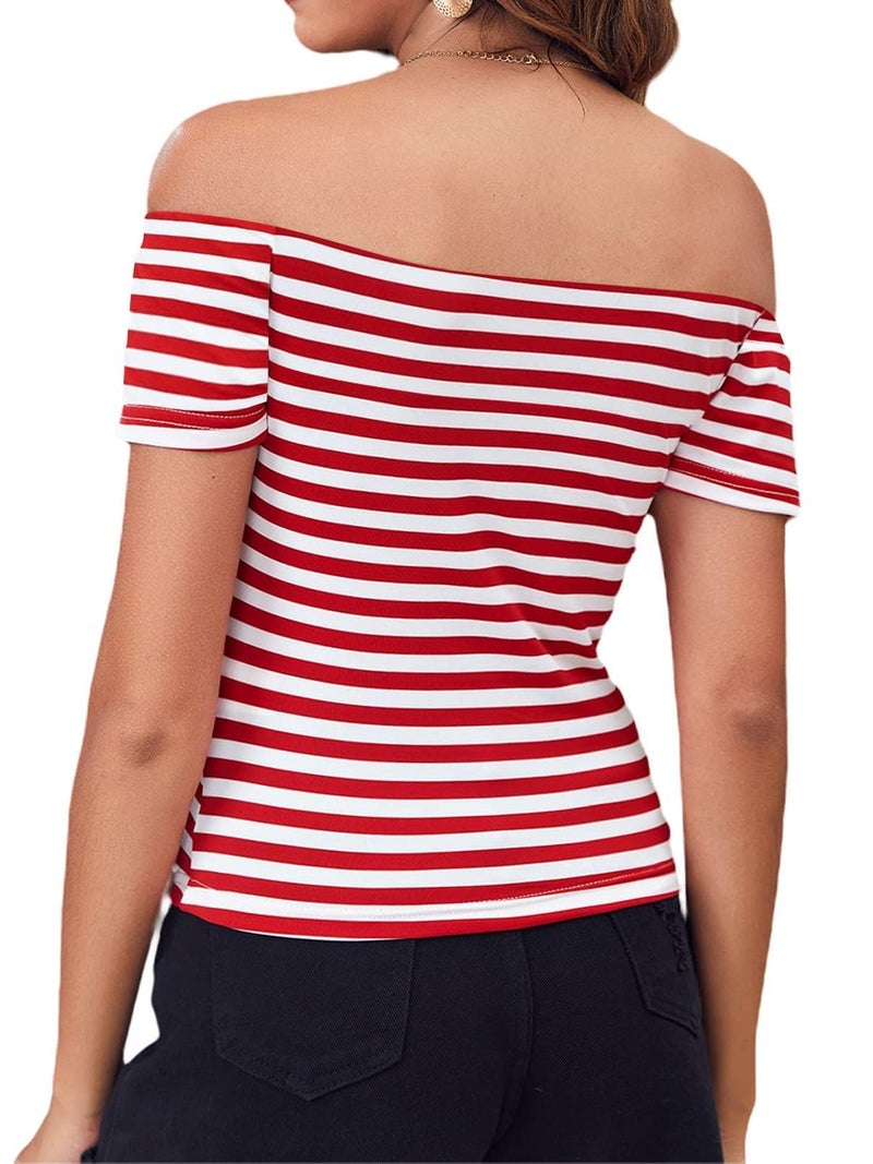 LilyCoco Off The Shoulder Tops for Women Striped Short Sleeve Sexy Going Out Top Red Large - Image 2