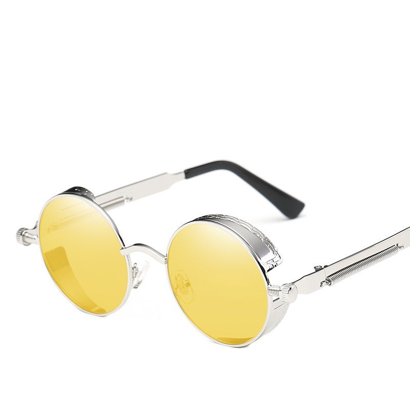 Generic Retro Steampunk Sunglasses Unisex Round Reflective Yellow-transparent silver frame 