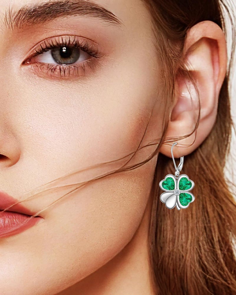 Wasee St Patrick's Day Earrings for Women 925 Sterling Silver Shamrock Leverback Earrings Clover Earrings Green St Patrick's Day Jewelry Gifts - Image 2
